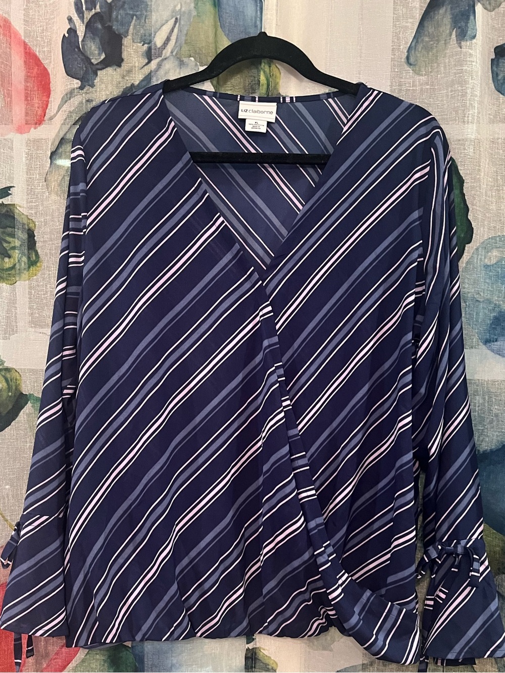 Liz Claiborne Navy and White Striped Wrap-Style Blouse NWT